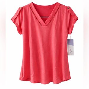 size S Coral Button-Detail V-Neck Blouse
